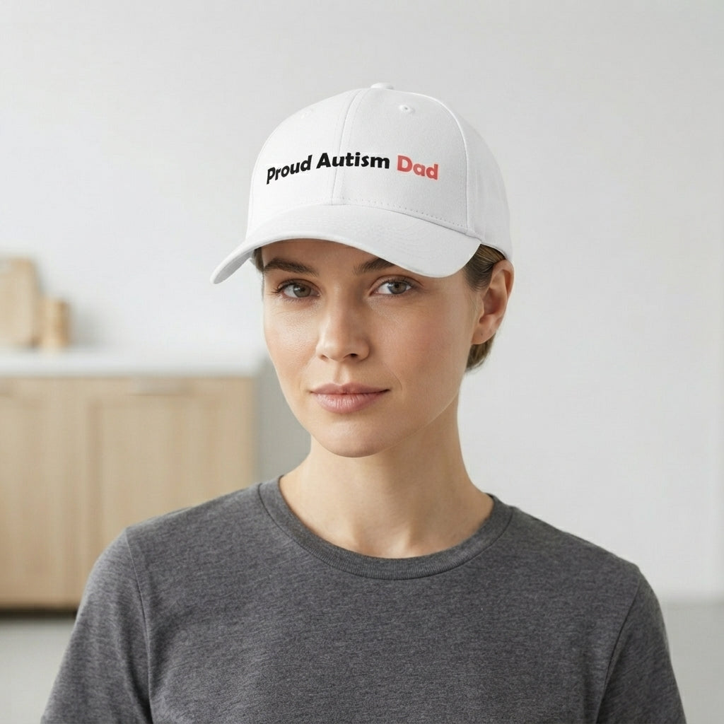 Proud Autism Dad & Mum Typography Graphic Baseball Cap - Neurodiversity Support Cap (White)