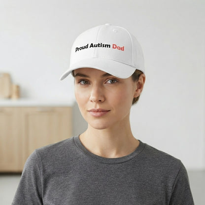 Proud Autism Dad & Mum Typography Graphic Baseball Cap - Neurodiversity Support Cap (White)