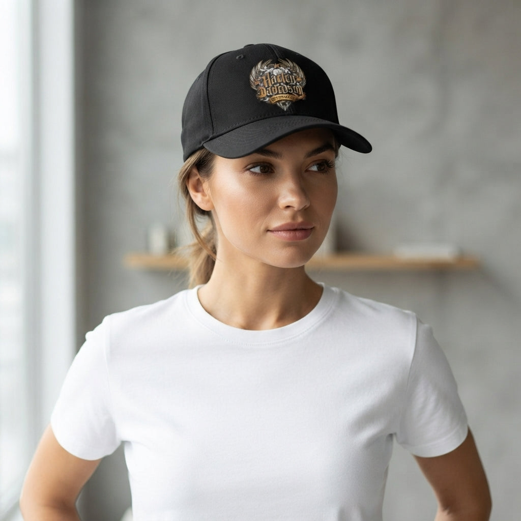 Harley Davidson Vintage Winged Emblem Graphic Baseball Cap - Biker Cap (Black & White)
