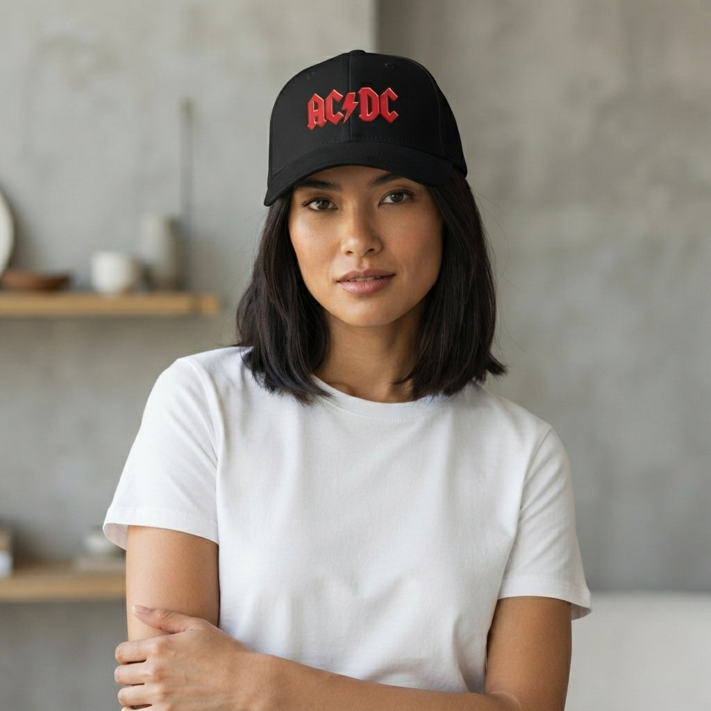 AC/DC Classic Red Logo Graphic Baseball Cap - Heavy Metal Rock Band Cap (Black & White)