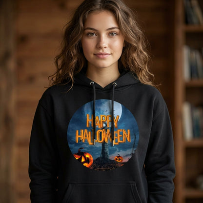 Happy Halloween Full Moon Graveyard Pumpkin Graphic Pullover Hoodie