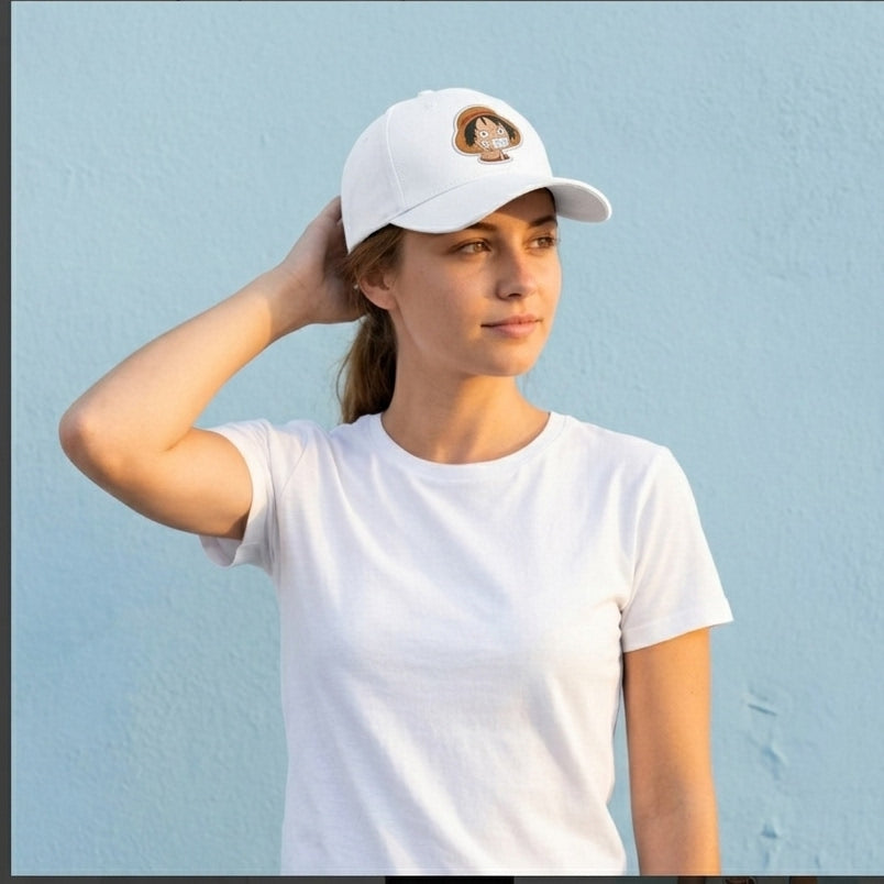 One Piece Luffy Smiling Peace Sign Graphic Baseball Cap - Cute Anime Chibi Cap (White & Black)