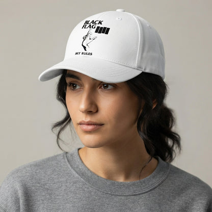 Black Flag My Rules Four Bars Graphic Baseball Cap - Hardcore Punk Rock Band Cap (White)