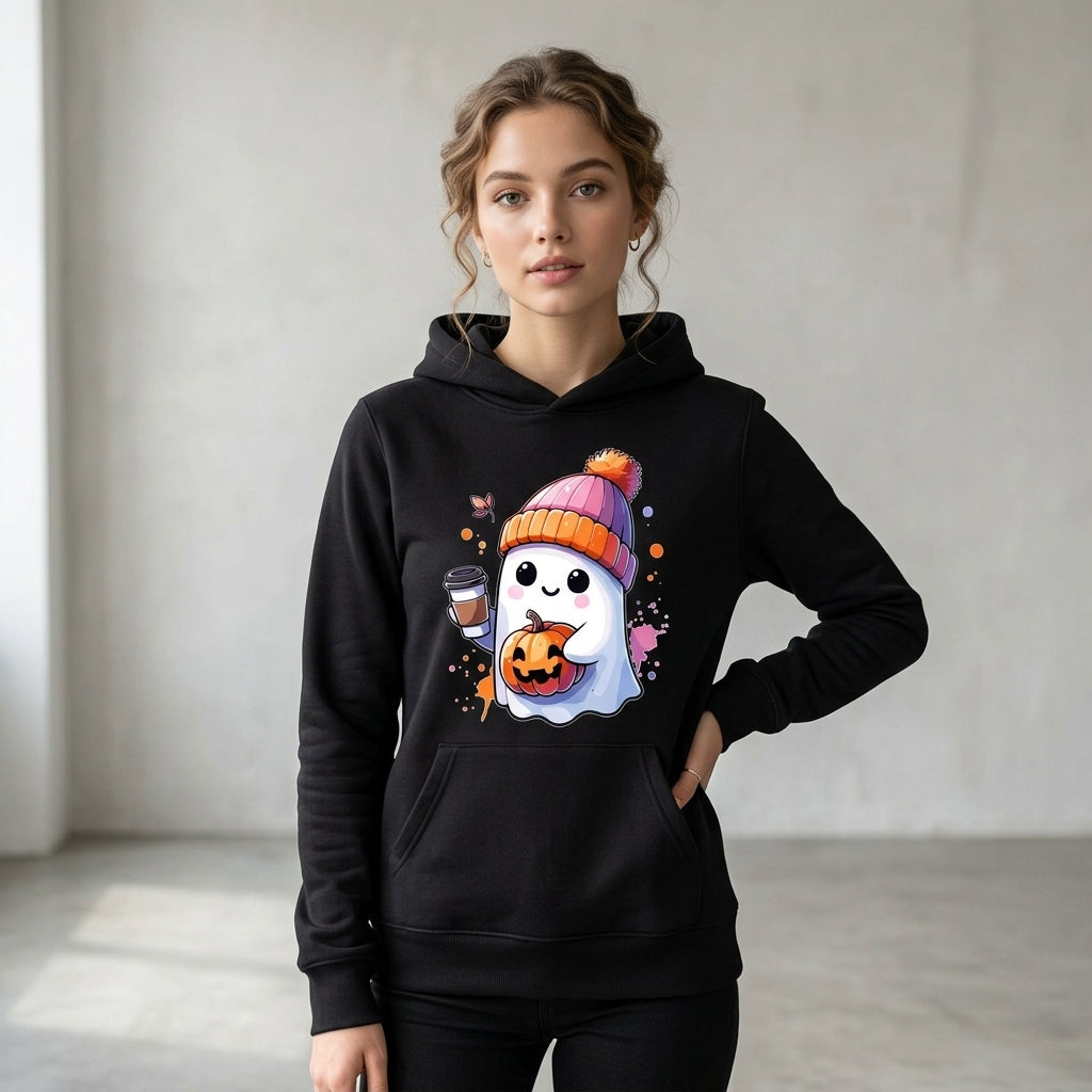 Cute Ghost Beanie Iced Coffee Pumpkin Fall Halloween Graphic Pullover Hoodie