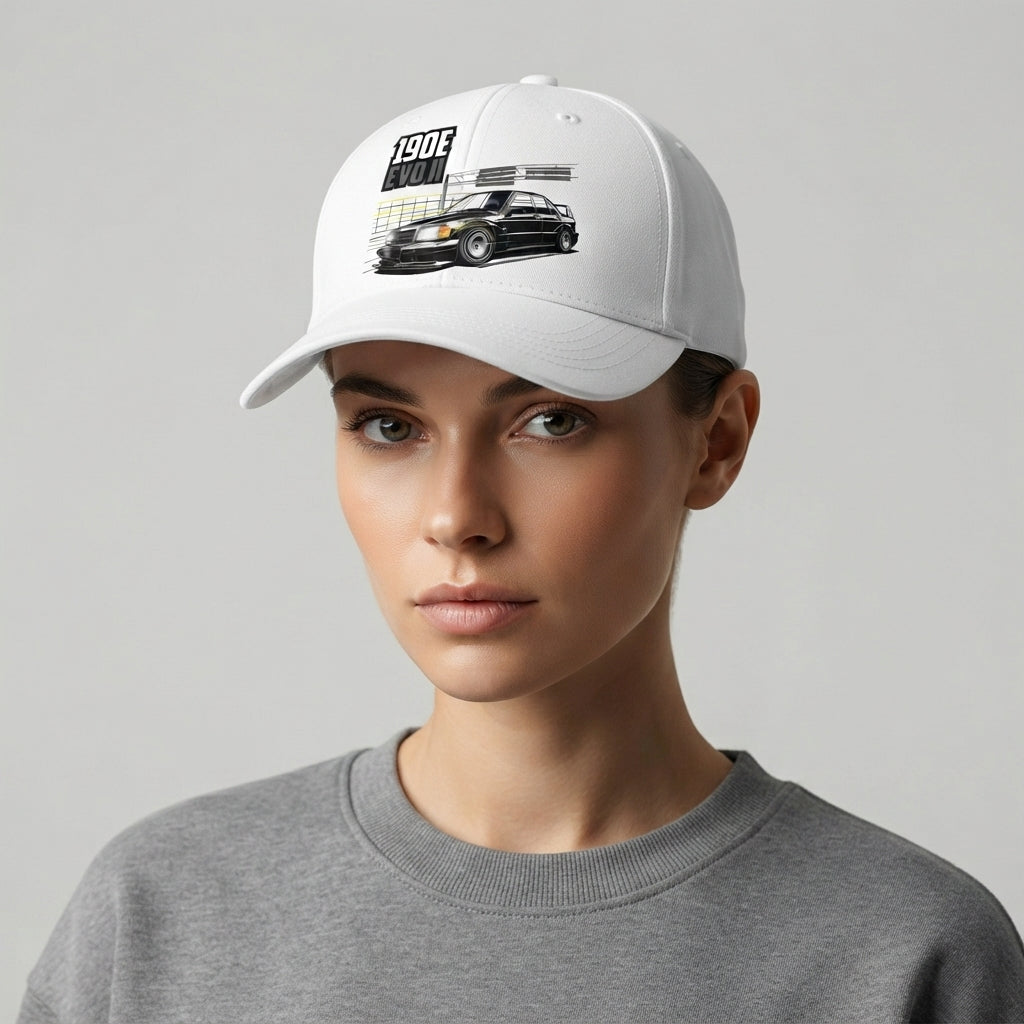 190E EVO II Classic German Sports Car Graphic Baseball Cap - Automotive Tuner Cap (White)