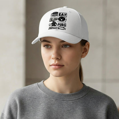Eat Sleep PUBG Repeat Gaming Graphic Baseball Cap - Gamer Quote Cap (White)