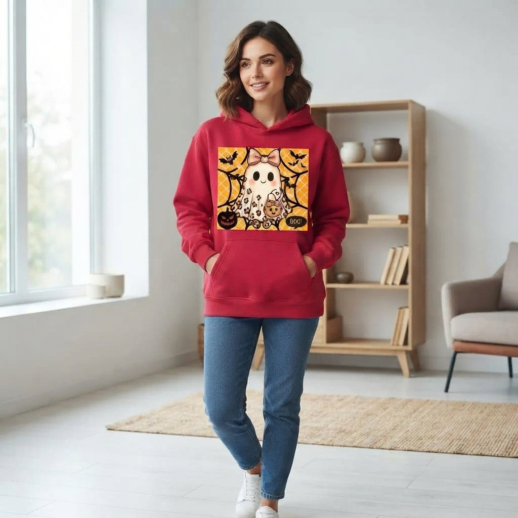 Cute Leopard Ghost Bow Pumpkin Halloween Graphic Pullover Hoodie