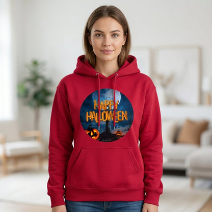 Happy Halloween Full Moon Graveyard Pumpkin Graphic Pullover Hoodie