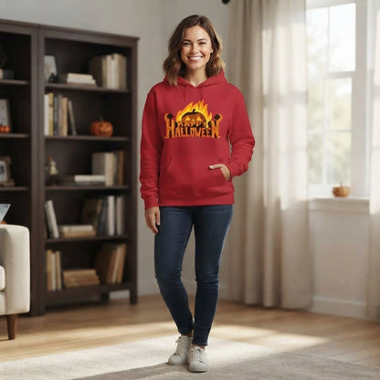 Happy Halloween Flaming Pumpkin Jack-O'-Lantern Graphic Pullover Hoodie