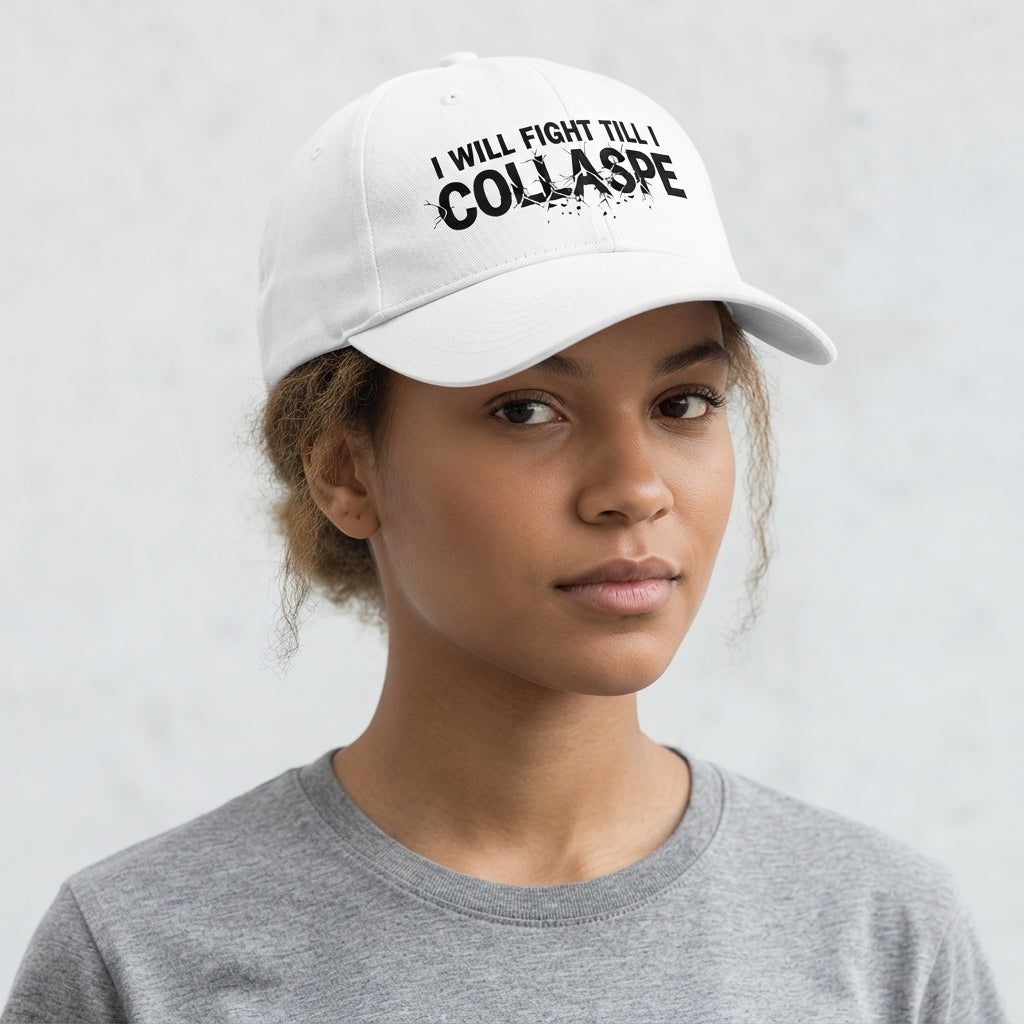 I Will Fight Till I Collapse Graphic Baseball Cap - Motivational Gym Cap (White)