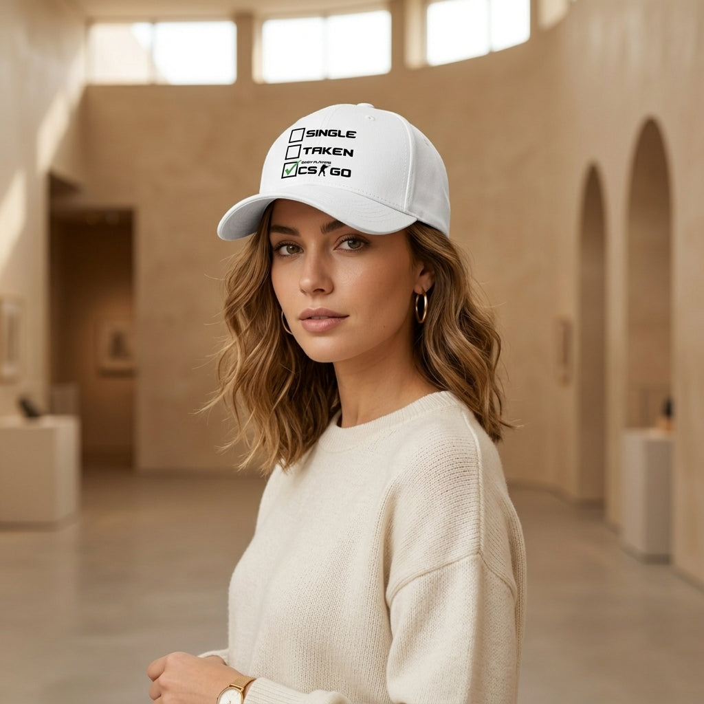 Single Taken Busy Playing CS:GO Funny Gaming Baseball Cap - Gamer Graphic Cap (White)