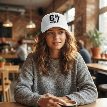 Six Seven 67 Varsity Number Graphic Baseball Cap - Urban Streetwear Cap (White)