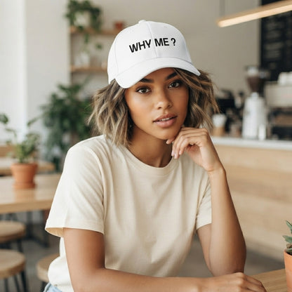 Why Me Question Mark Sarcastic Graphic Baseball Cap - Minimalist Quote Cap (White)