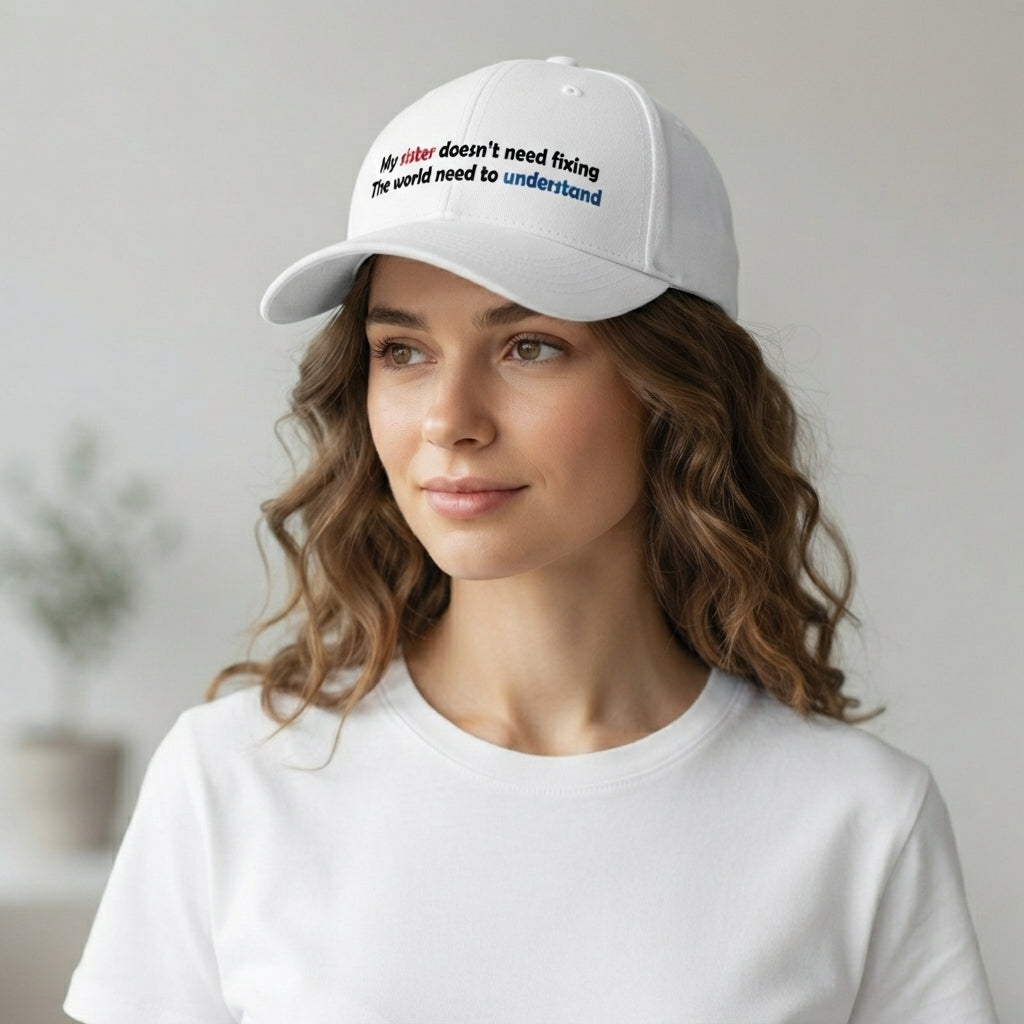 Autism Awareness Sibling Quote Graphic Baseball Cap - Proud Brother & Sister Support Cap (White)