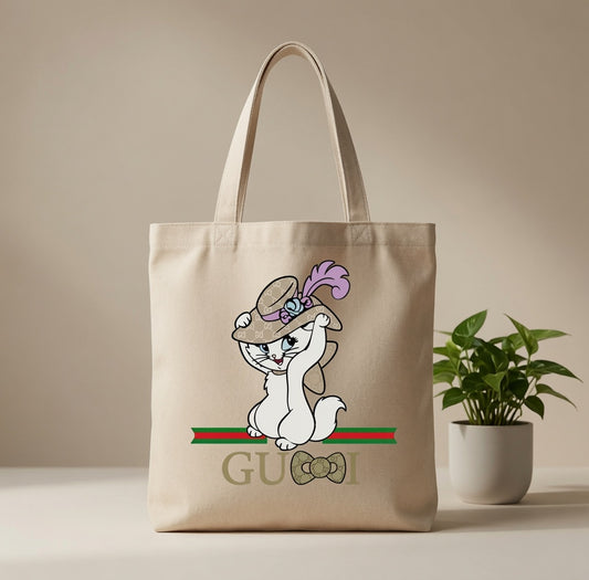 Elegant White Kitten Graphic Canvas Tote Bag - Umbrella & Stripe Design