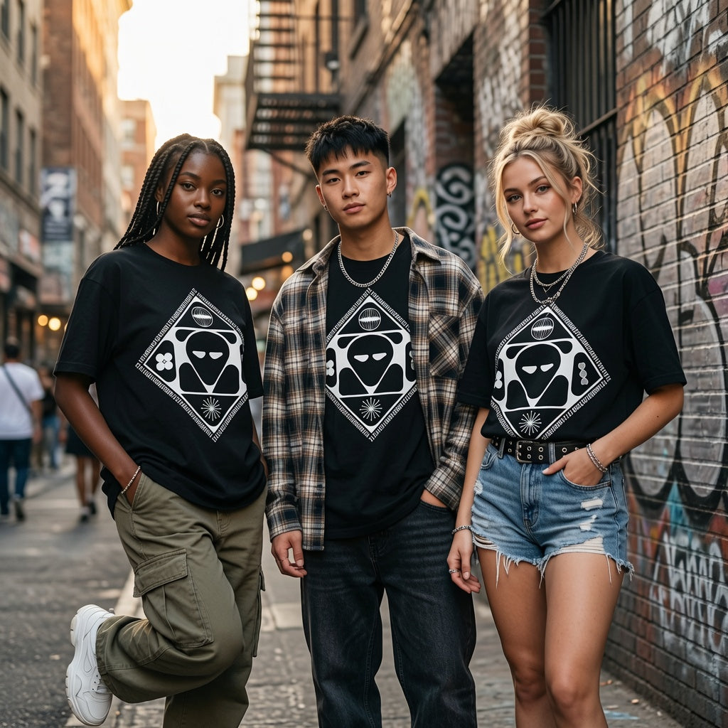 Cyberpunk Alien T-Shirt Futuristic Graphic Tee Sci-Fi Streetwear Men's Black White