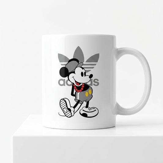 Adidas Inspired Mickey Mouse Sports Parody White Ceramic Cup - Cute Cartoon Graphic Coffee Cup (11oz)
