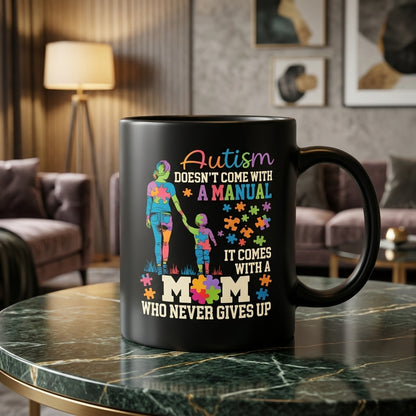 Autism Doesn't Come With A Manual It Comes With A Mom Ceramic Coffee Mug - Inspirational Autism Mom Puzzle Graphic Drinkware Cup (11oz)