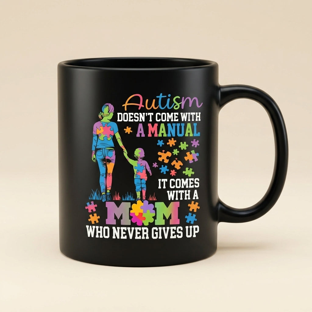 Autism Doesn't Come With A Manual It Comes With A Mom Ceramic Coffee Mug - Inspirational Autism Mom Puzzle Graphic Drinkware Cup (11oz)