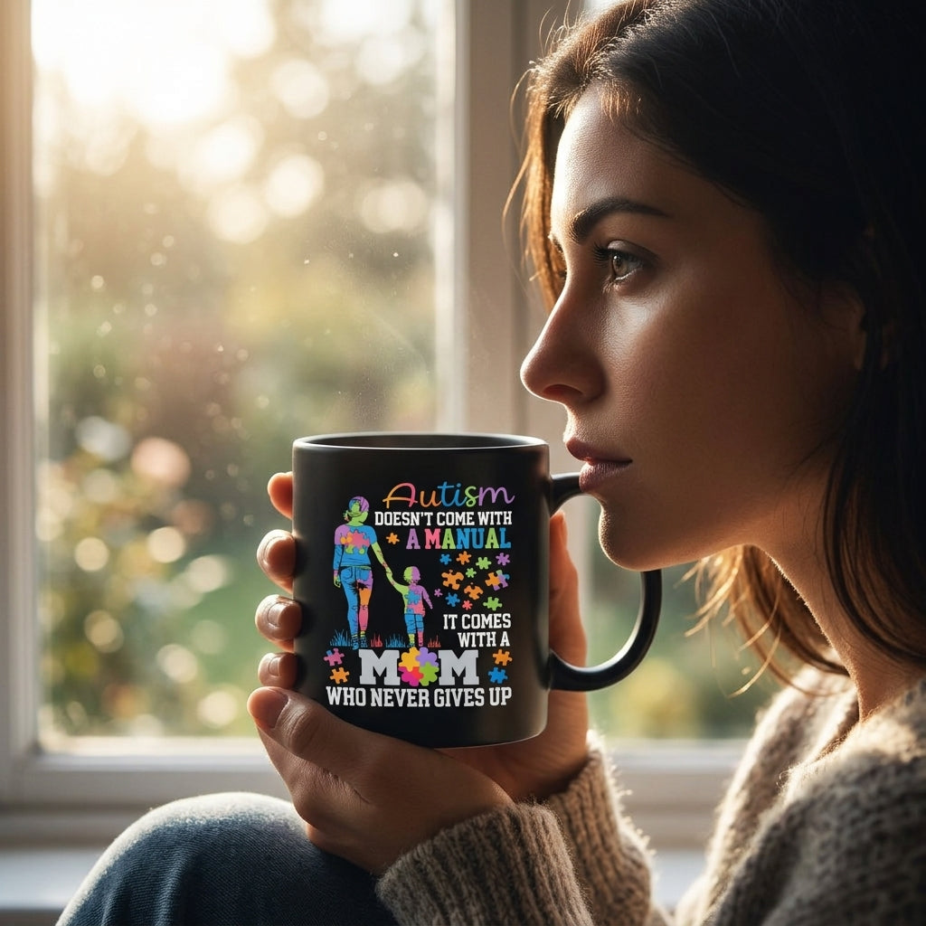 Autism Doesn't Come With A Manual It Comes With A Mom Ceramic Coffee Mug - Inspirational Autism Mom Puzzle Graphic Drinkware Cup (11oz)
