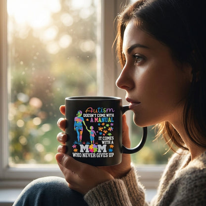 Autism Doesn't Come With A Manual It Comes With A Mom Ceramic Coffee Mug - Inspirational Autism Mom Puzzle Graphic Drinkware Cup (11oz)