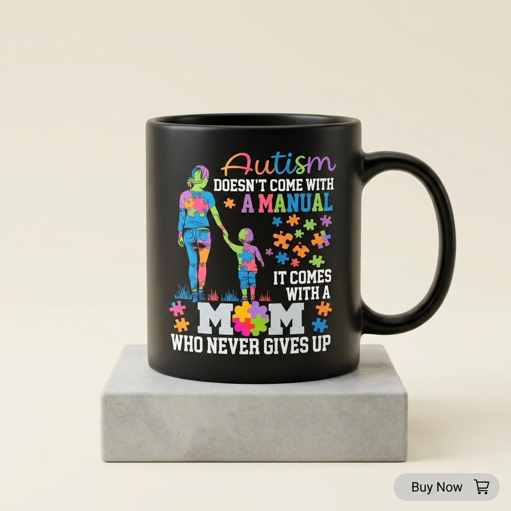 Autism Doesn't Come With A Manual It Comes With A Mom Ceramic Coffee Mug - Inspirational Autism Mom Puzzle Graphic Drinkware Cup (11oz)