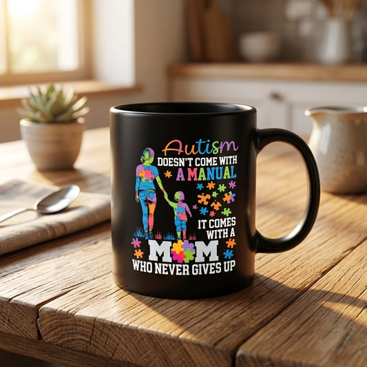 Autism Doesn't Come With A Manual It Comes With A Mom Ceramic Coffee Mug - Inspirational Autism Mom Puzzle Graphic Drinkware Cup (11oz)