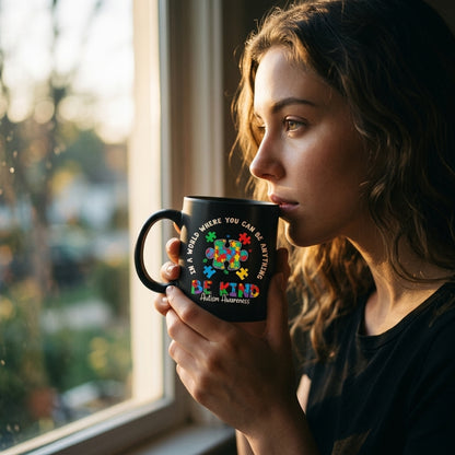 In A World Where You Can Be Anything Be Kind Autism Awareness Ceramic Mug - Inspirational Colorful Puzzle Graphic Coffee Cup (11oz)