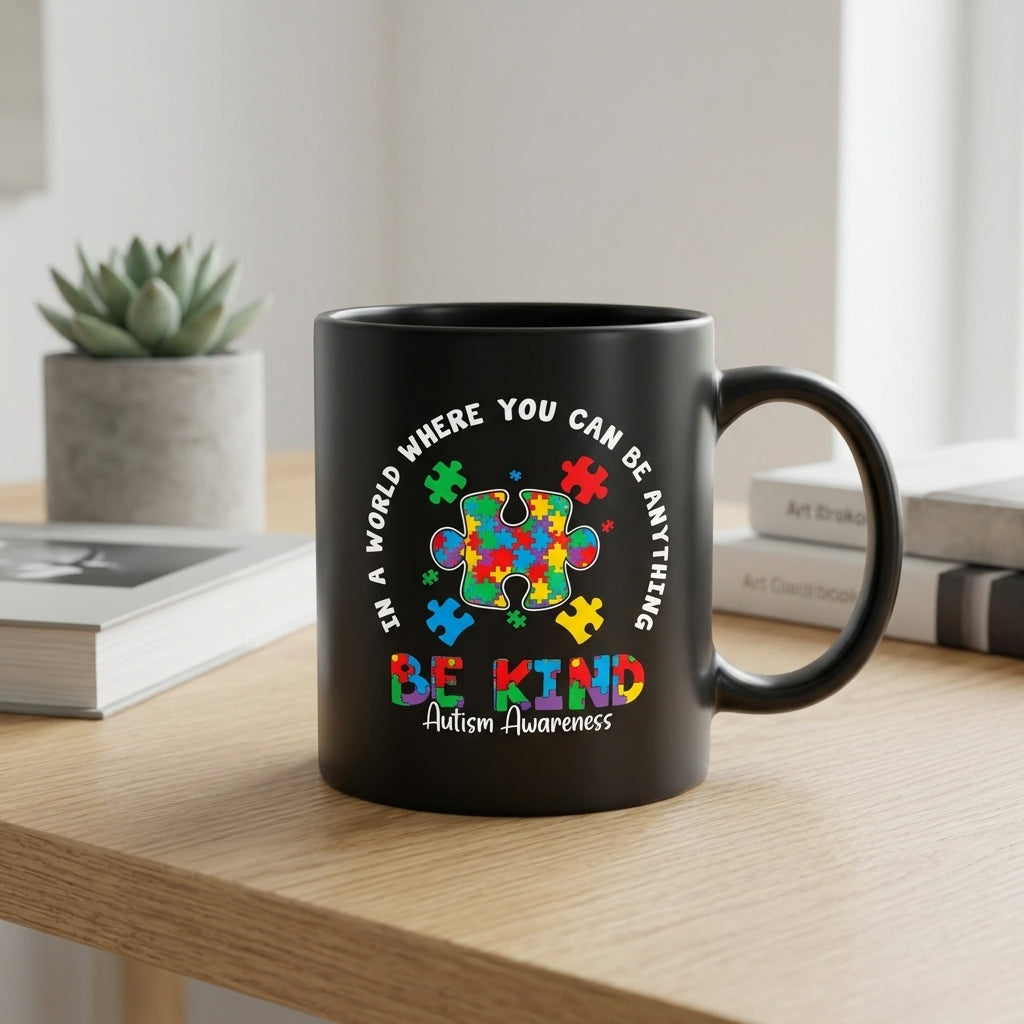 In A World Where You Can Be Anything Be Kind Autism Awareness Ceramic Mug - Inspirational Colorful Puzzle Graphic Coffee Cup (11oz)