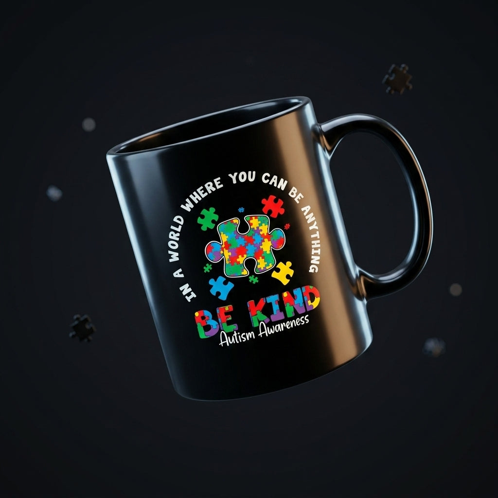 In A World Where You Can Be Anything Be Kind Autism Awareness Ceramic Mug - Inspirational Colorful Puzzle Graphic Coffee Cup (11oz)