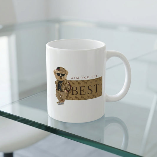 Aim For The Best Cool Teddy Bear Graphic White Ceramic Cup - Trendy Luxury Parody Coffee Cup (11oz)
