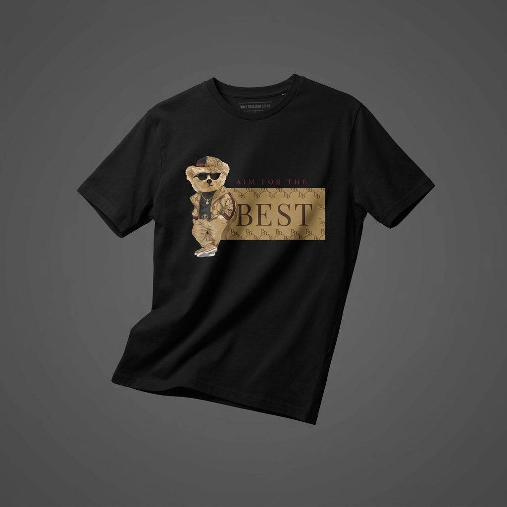 Aim For The Best Cool Teddy Bear Graphic T-Shirt - Black Unisex Premium Cotton Urban Streetwear Tee