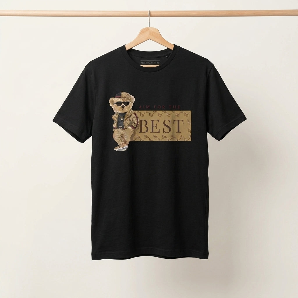 Aim For The Best Cool Teddy Bear Graphic T-Shirt - Black Unisex Premium Cotton Urban Streetwear Tee