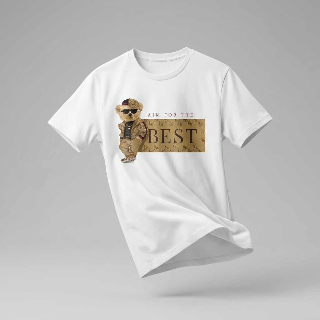 Aim For The Best Cool Teddy Bear Graphic T-Shirt - Black Unisex Premium Cotton Urban Streetwear Tee