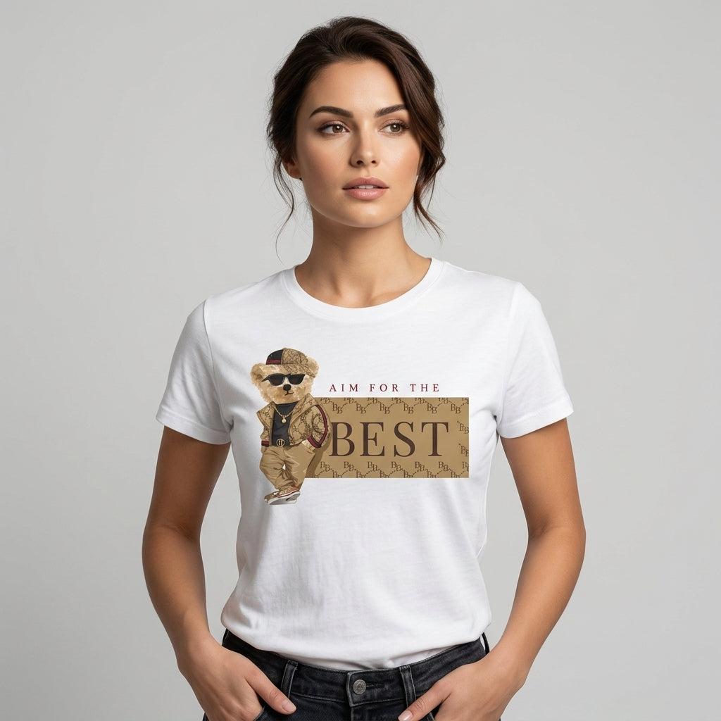 Aim For The Best Cool Teddy Bear Graphic T-Shirt - Black Unisex Premium Cotton Urban Streetwear Tee