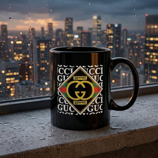 Gucci Inspired Gold Diamond Monogram Black Ceramic Cup - Luxury Designer Parody Coffee Cup (11oz)