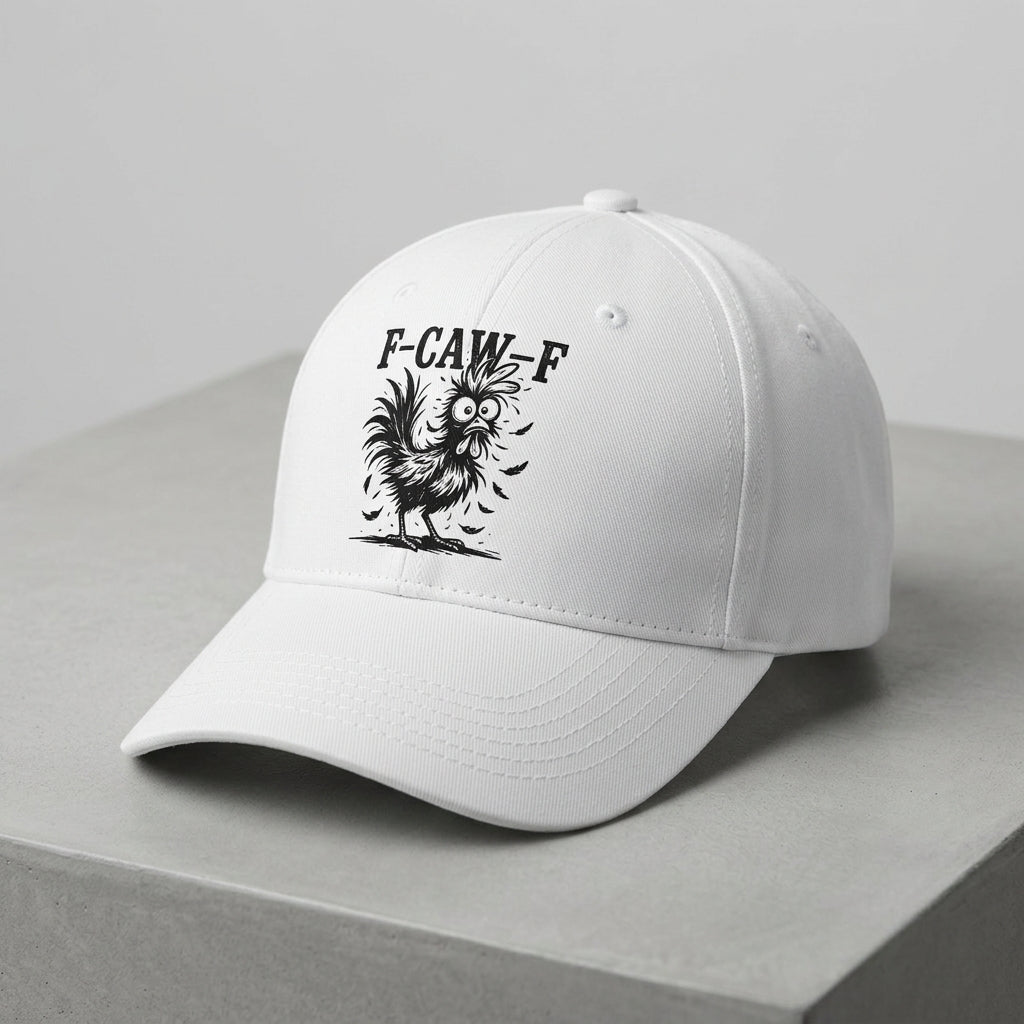 F-CAW-F Crazy Rooster Funny Graphic Baseball Cap - Sarcastic Humor Cap (White & Black)