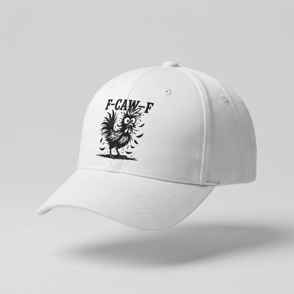 F-CAW-F Crazy Rooster Funny Graphic Baseball Cap - Sarcastic Humor Cap (White & Black)