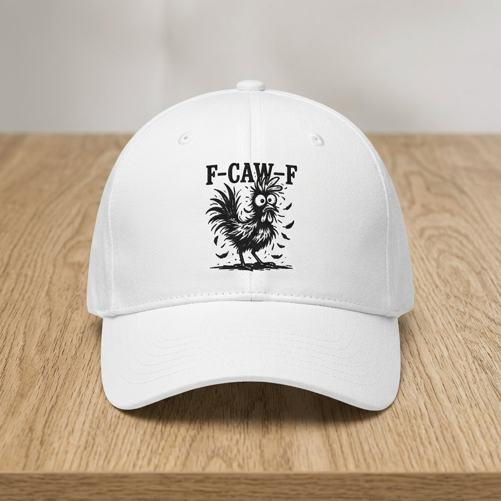 F-CAW-F Crazy Rooster Funny Graphic Baseball Cap - Sarcastic Humor Cap (White & Black)
