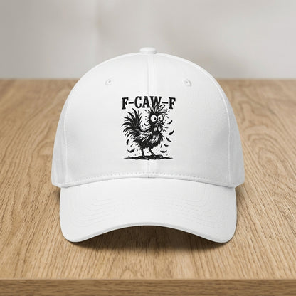 F-CAW-F Crazy Rooster Funny Graphic Baseball Cap - Sarcastic Humor Cap (White & Black)