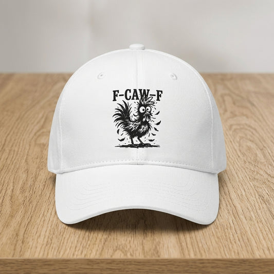 F-CAW-F Crazy Rooster Funny Graphic Baseball Cap - Sarcastic Humor Cap (White & Black)