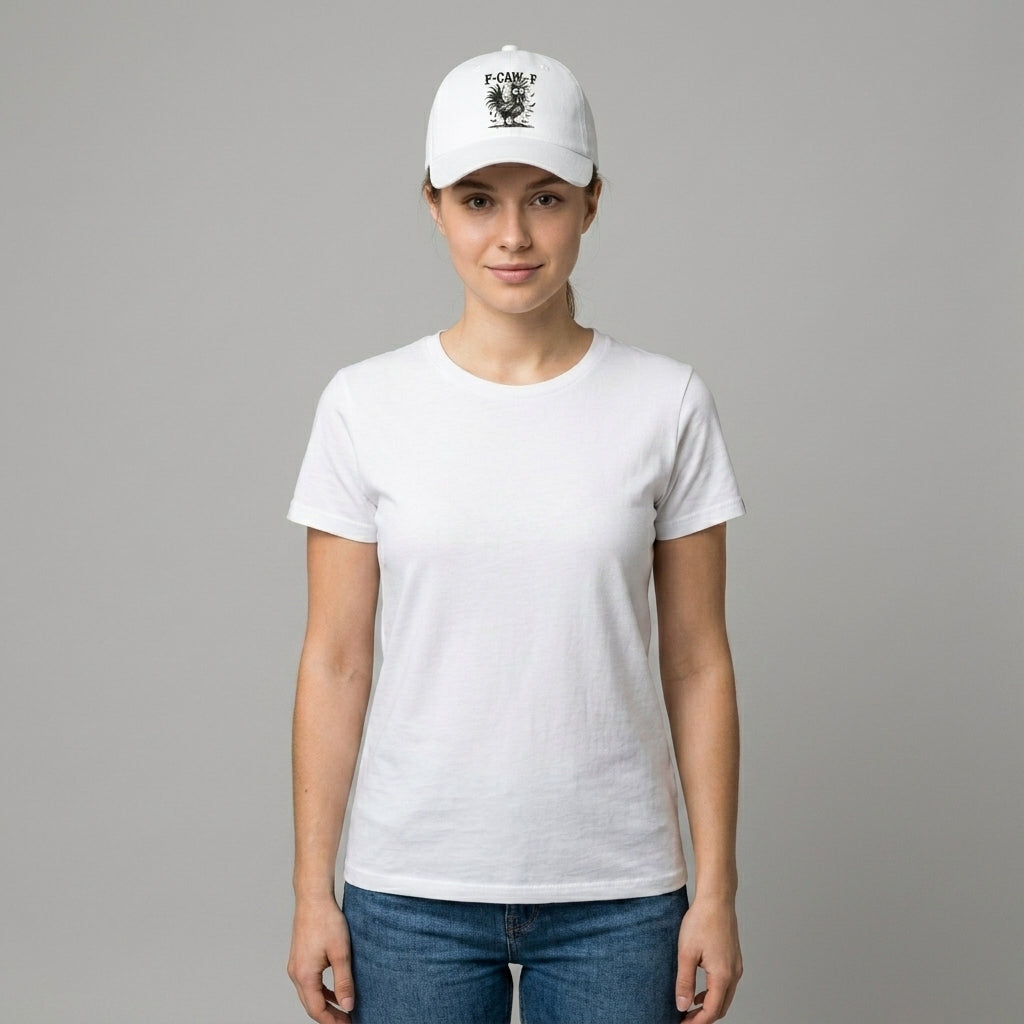 F-CAW-F Crazy Rooster Funny Graphic Baseball Cap - Sarcastic Humor Cap (White & Black)