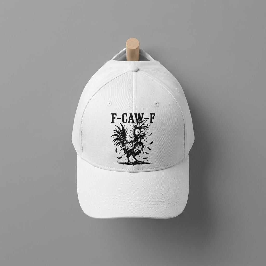 F-CAW-F Crazy Rooster Funny Graphic Baseball Cap - Sarcastic Humor Cap (White & Black)
