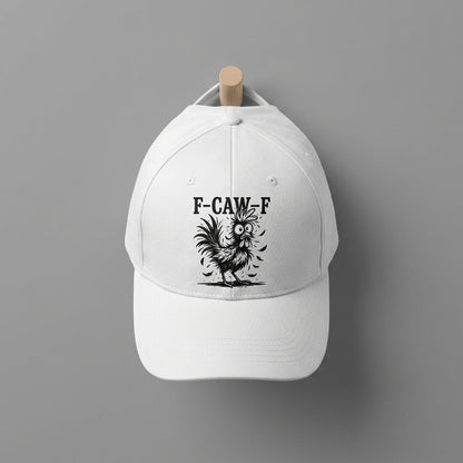 F-CAW-F Crazy Rooster Funny Graphic Baseball Cap - Sarcastic Humor Cap (White & Black)