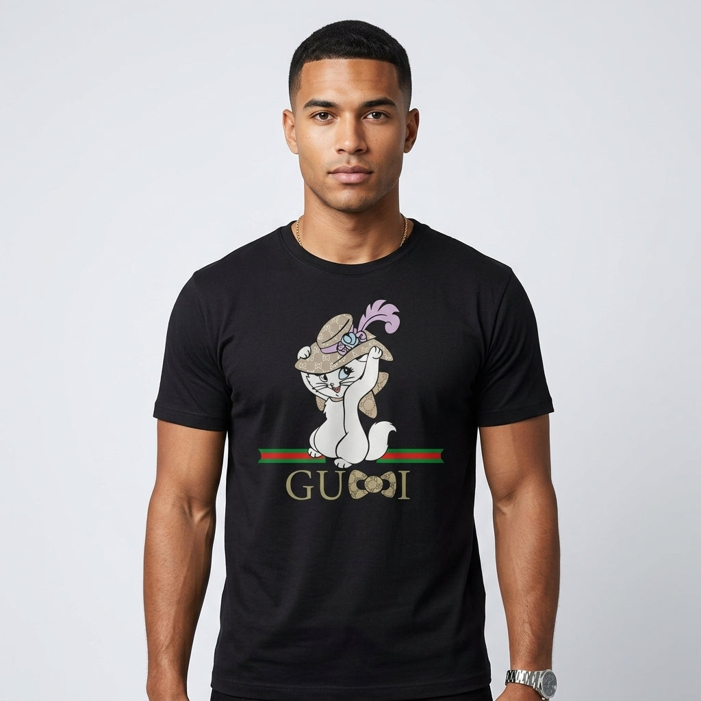 Cute Kitten in Luxury Monogram Hat Graphic T-Shirt - Stylish Parody Fashion Unisex Cotton Streetwear Tee