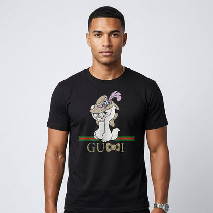 Cute Kitten in Luxury Monogram Hat Graphic T-Shirt - Stylish Parody Fashion Unisex Cotton Streetwear Tee