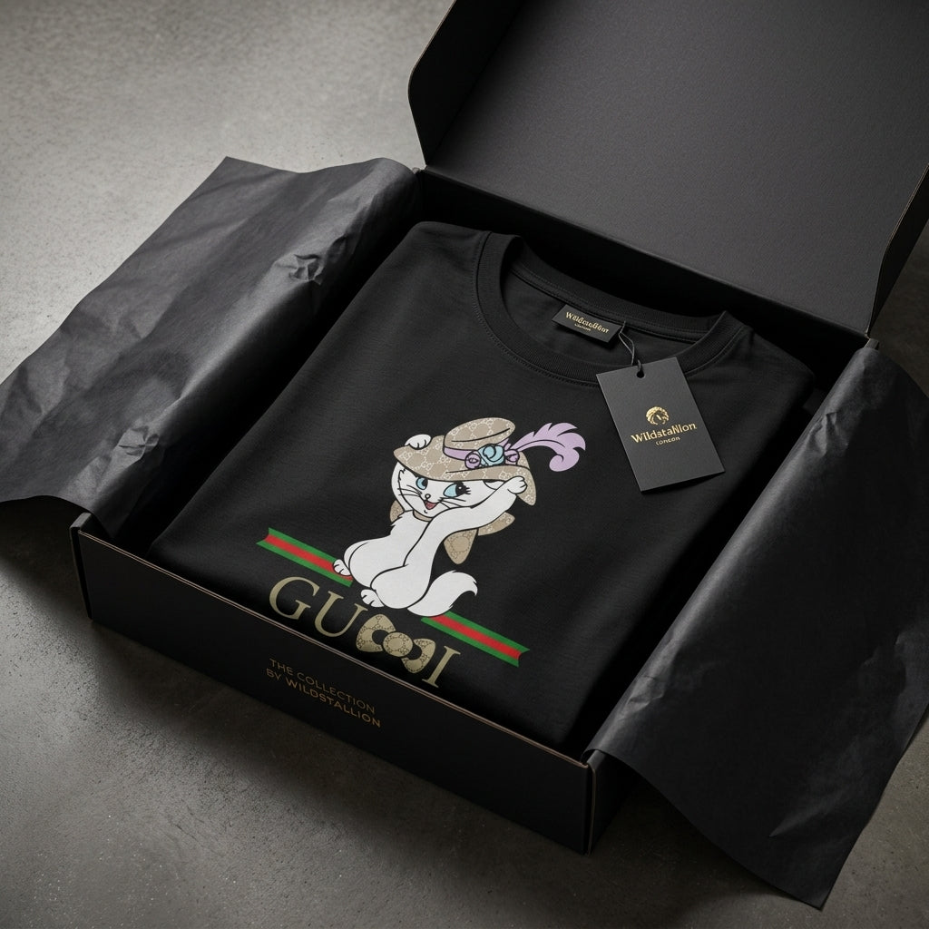 Cute Kitten in Luxury Monogram Hat Graphic T-Shirt - Stylish Parody Fashion Unisex Cotton Streetwear Tee