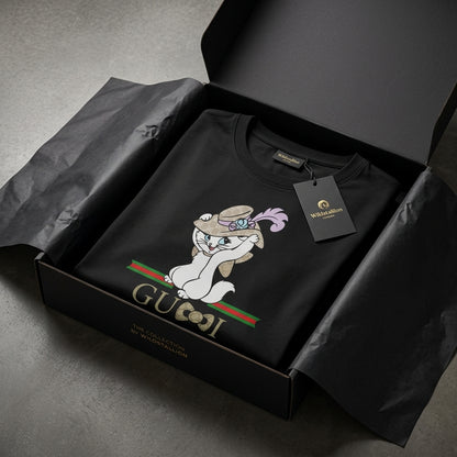 Cute Kitten in Luxury Monogram Hat Graphic T-Shirt - Stylish Parody Fashion Unisex Cotton Streetwear Tee