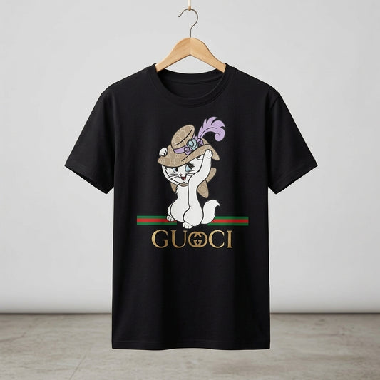 Cute Kitten in Luxury Monogram Hat Graphic T-Shirt - Stylish Parody Fashion Unisex Cotton Streetwear Tee