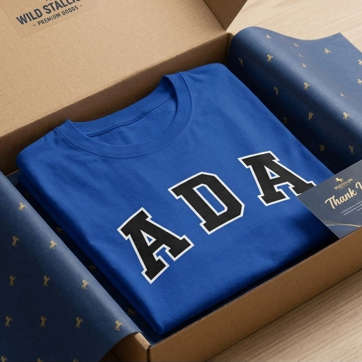 ADA Classic College Varsity Block Typography Graphic T-Shirt - Premium Soft Cotton Crew Neck Tee in White & Blue